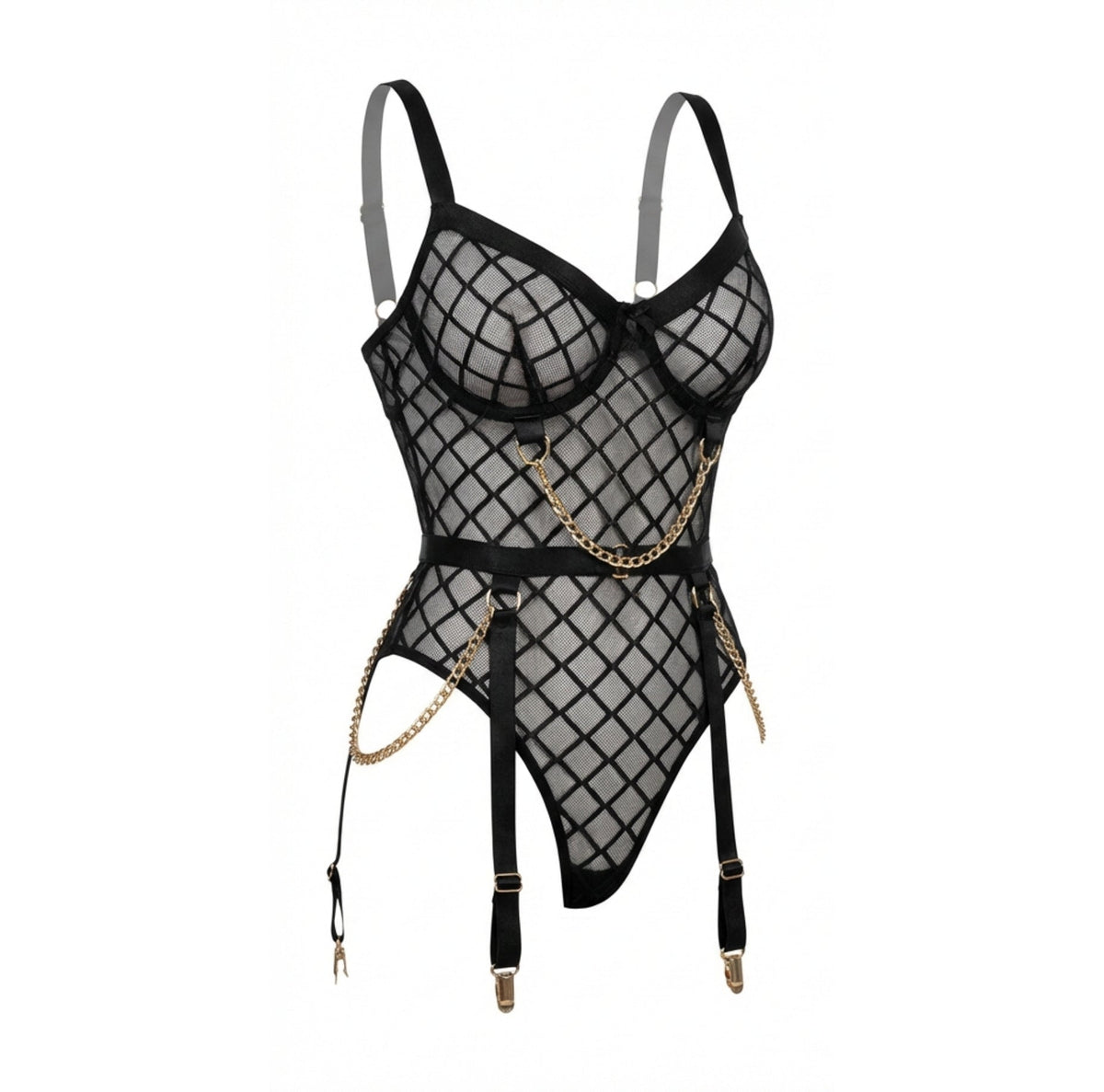 Diamond Mesh Underwire Bodysuit With Garter Straps