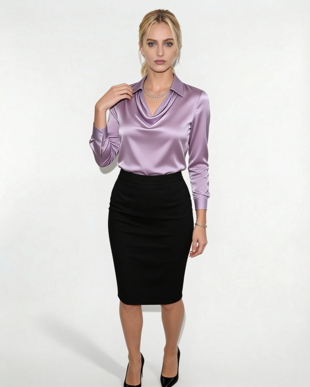 Draped Collar Satin Blouse