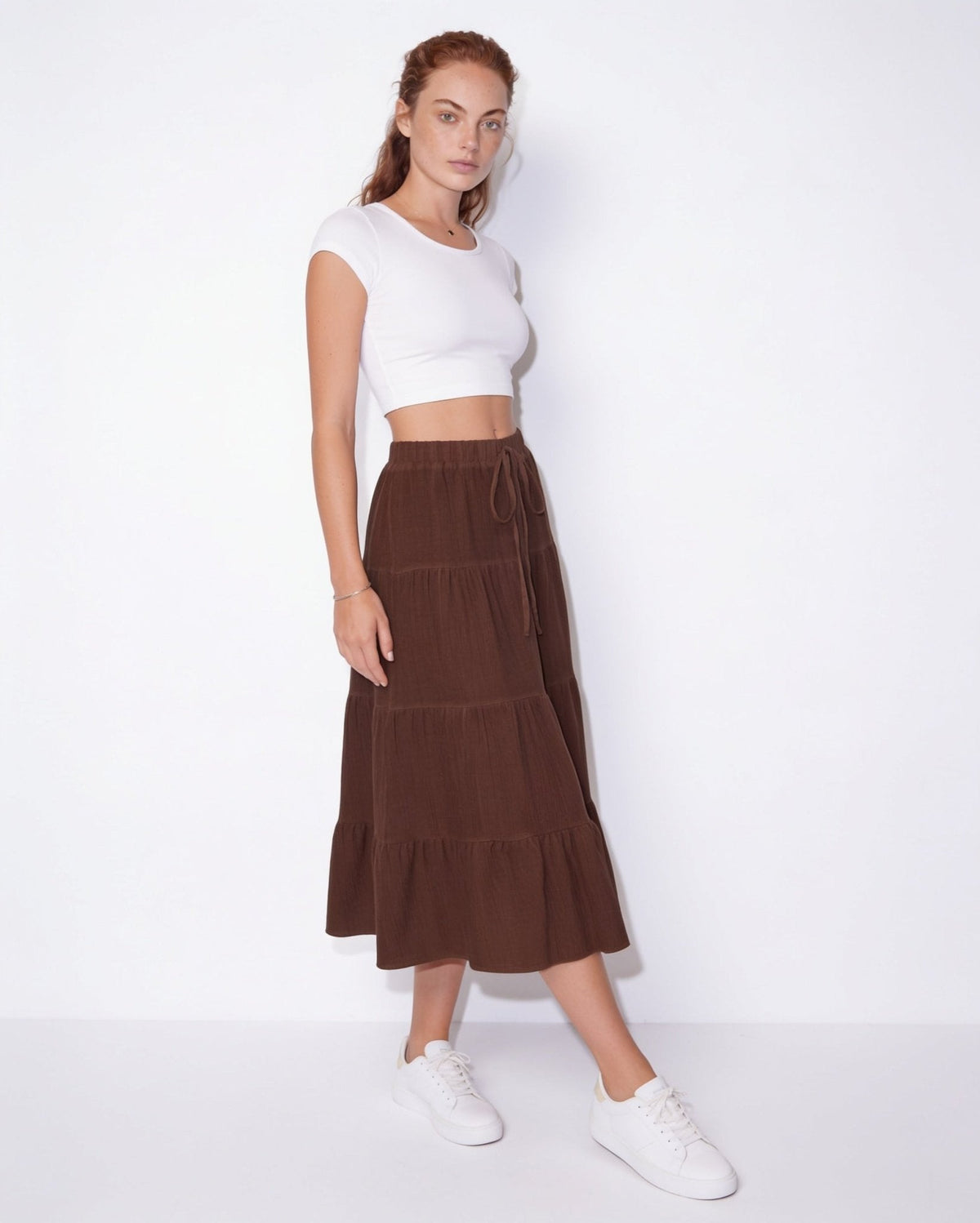 Drawstring Tiered Midi Skirt