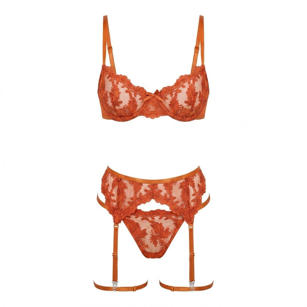 Embroidered Lace Bra Garter Belt Thong Set
