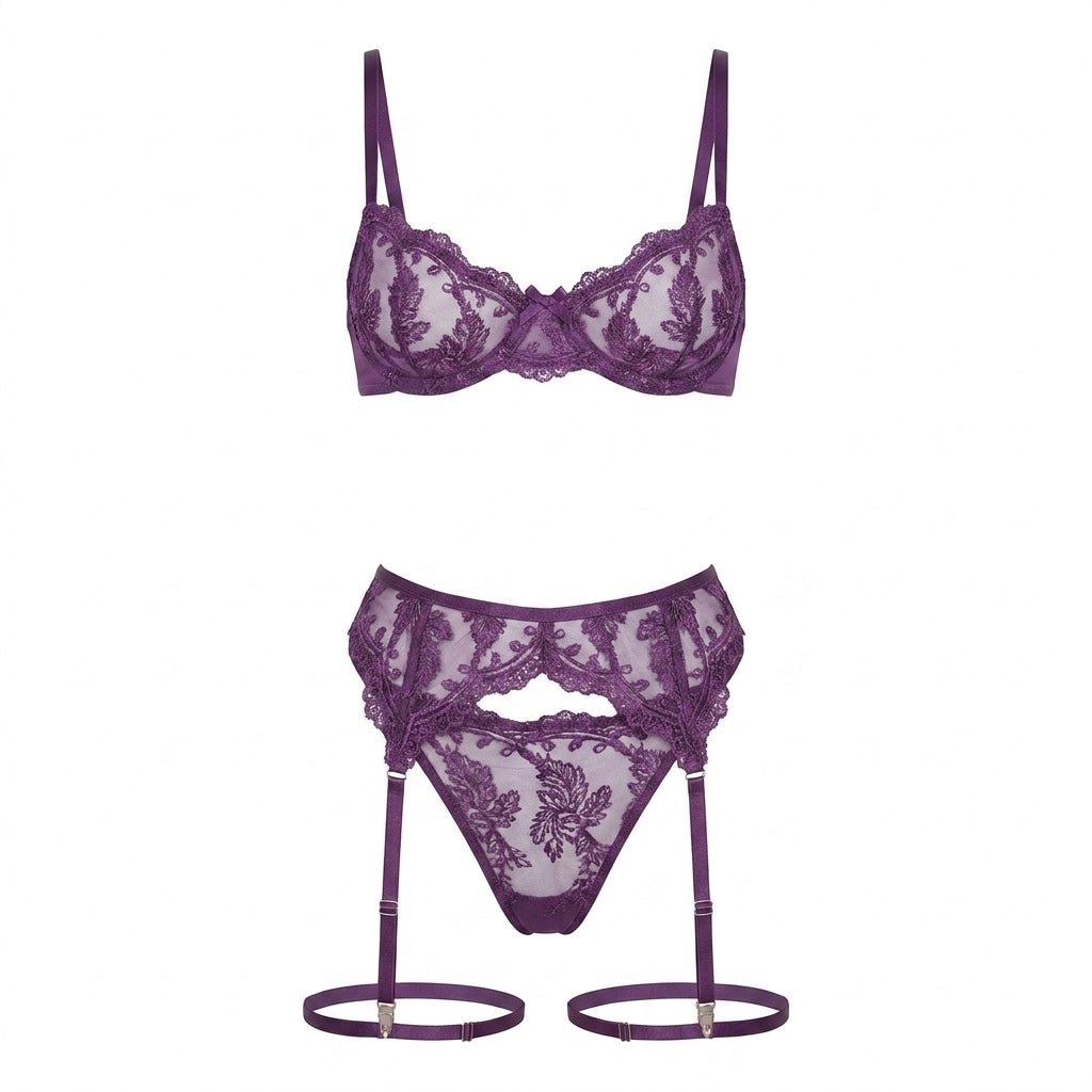 Embroidered Lace Bra Garter Belt Thong Set