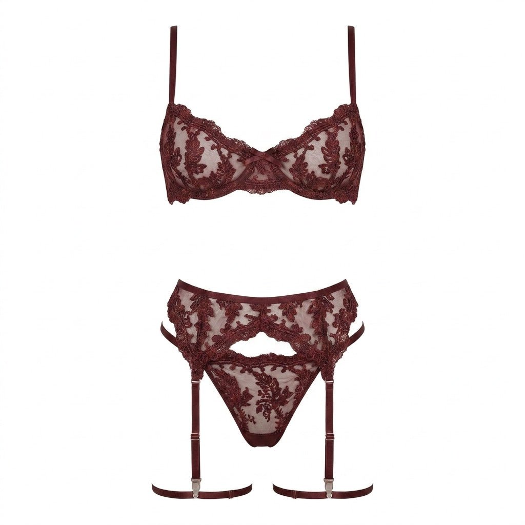 Embroidered Lace Bra Garter Belt Thong Set