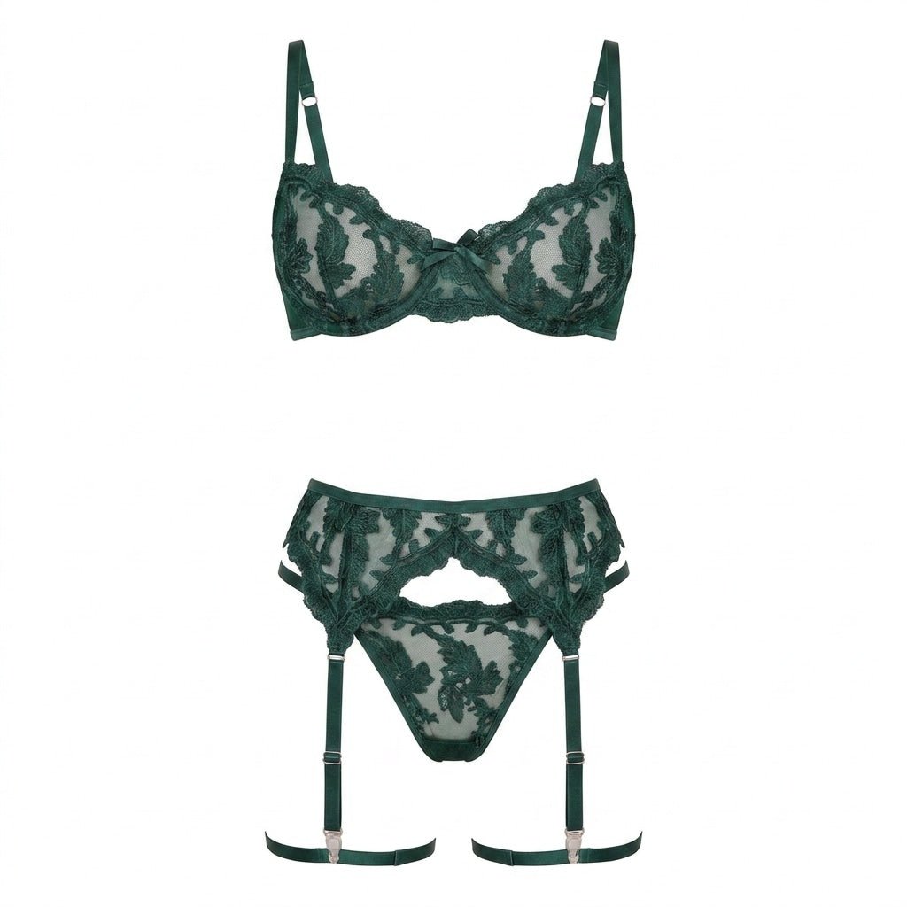 Embroidered Lace Bra Garter Belt Thong Set
