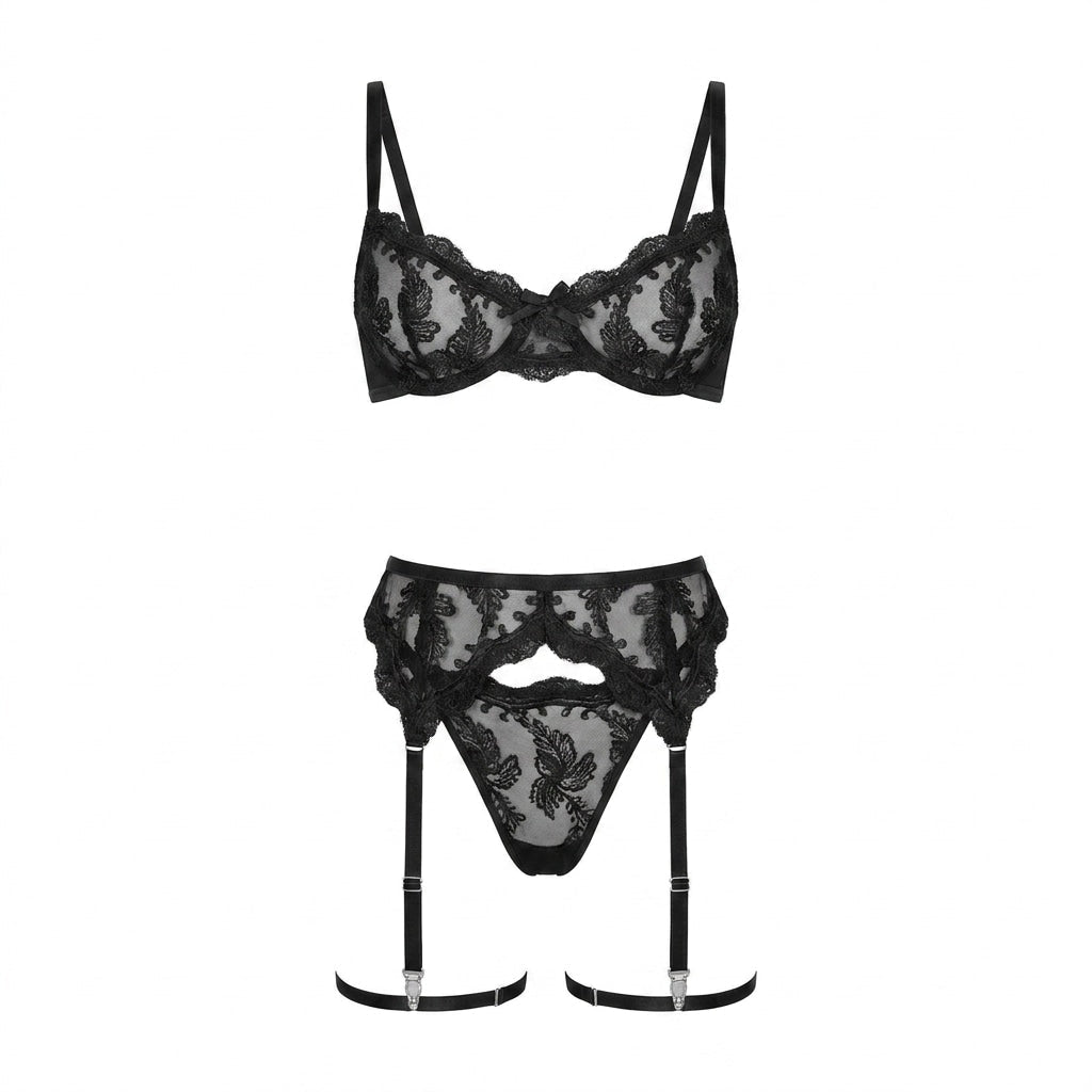 Embroidered Lace Bra Garter Belt Thong Set