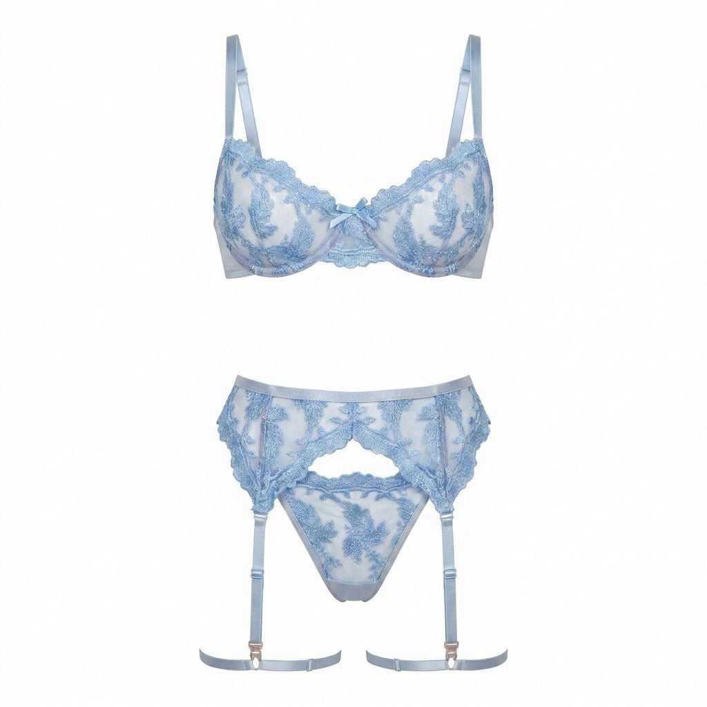 Embroidered Lace Bra Garter Belt Thong Set