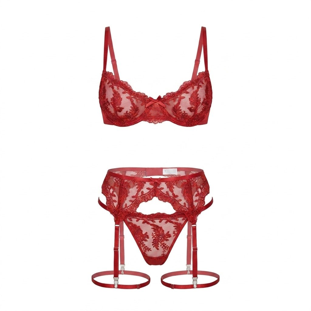 Embroidered Lace Bra Garter Belt Thong Set