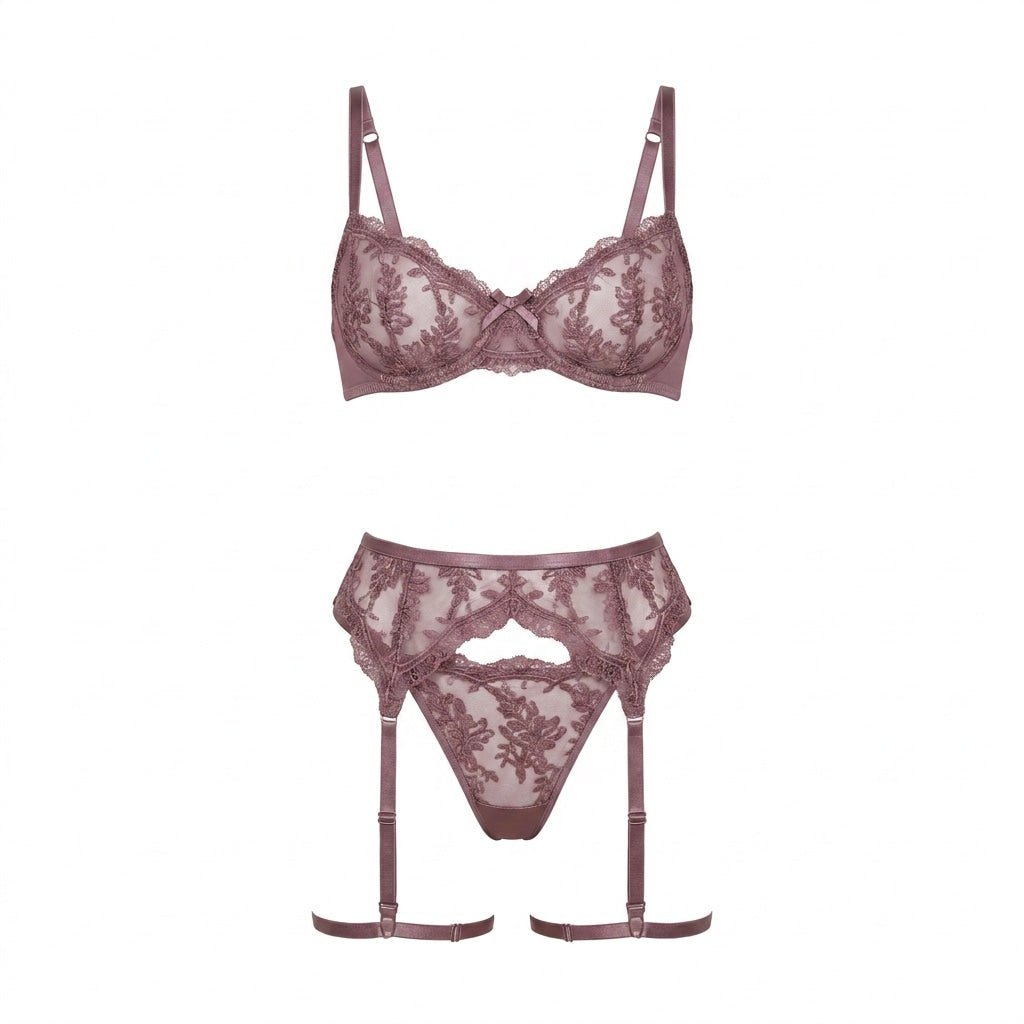 Embroidered Lace Bra Garter Belt Thong Set