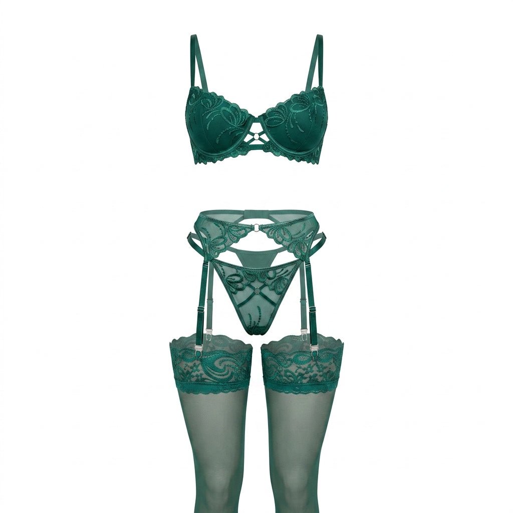Embroidered Lace Underwired Four Piece Lingerie Set