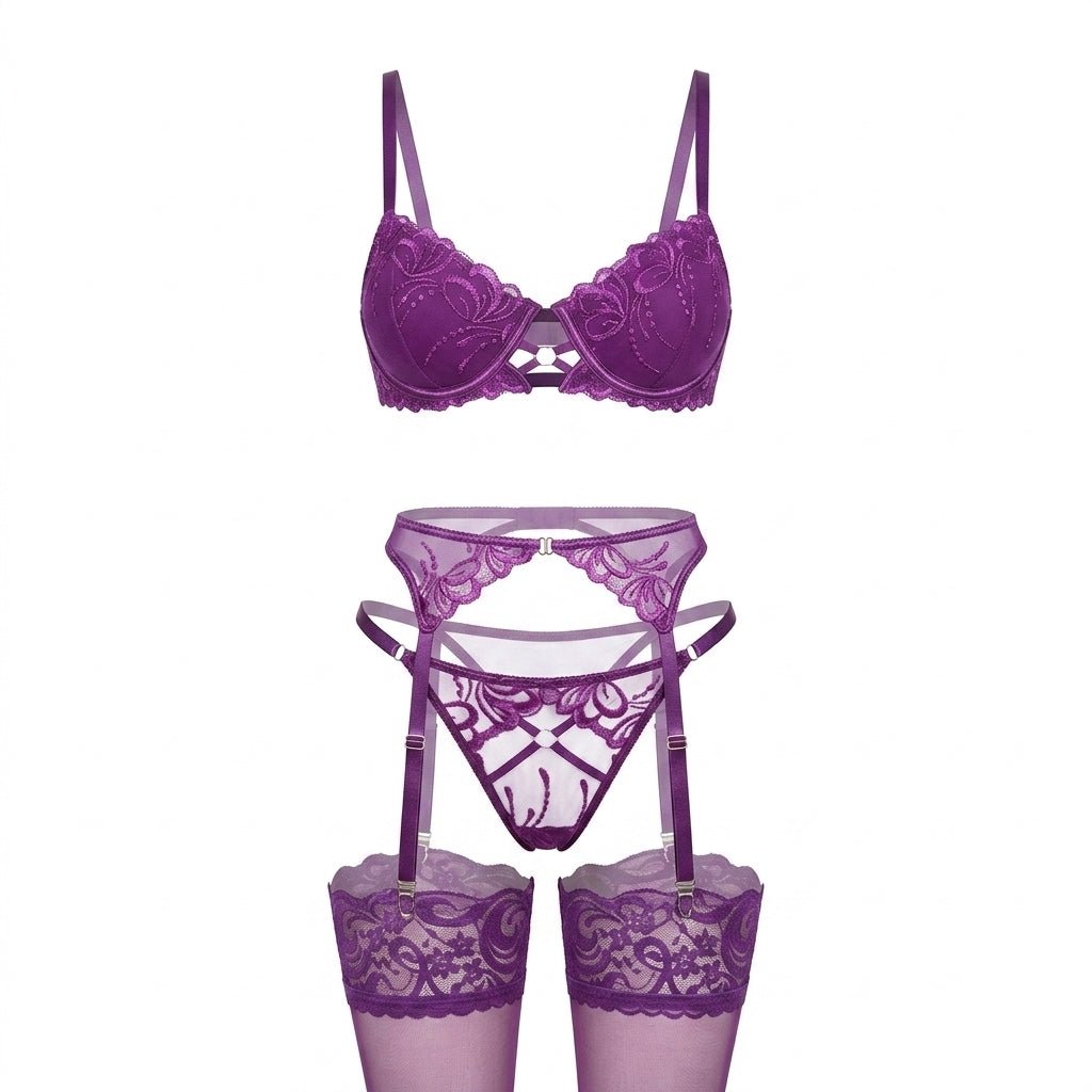 Embroidered Lace Underwired Four Piece Lingerie Set
