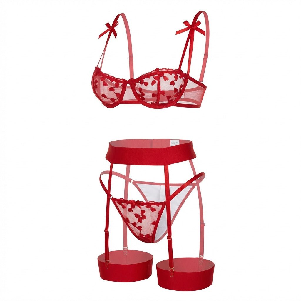 Embroidered Mesh Lingerie Set With Garter Belt
