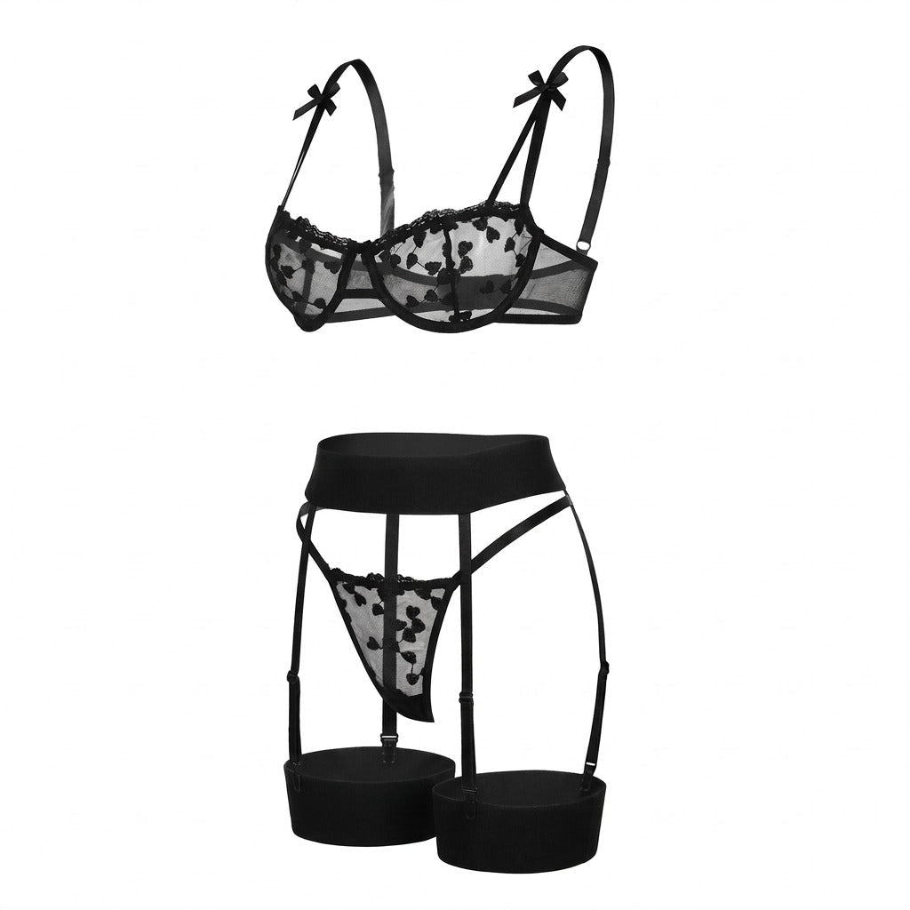 Embroidered Mesh Lingerie Set With Garter Belt