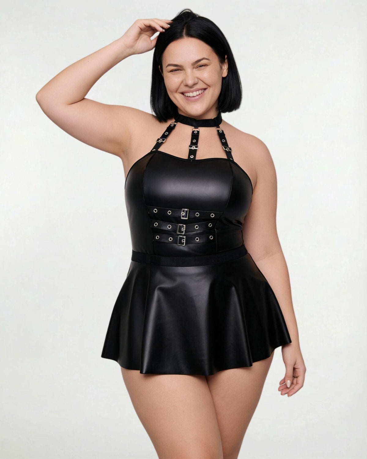 Faux Leather Halter Neck Mini Dress