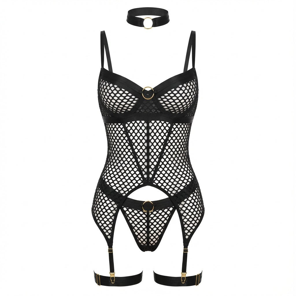 Fishnet Bodysuit With Garter Straps