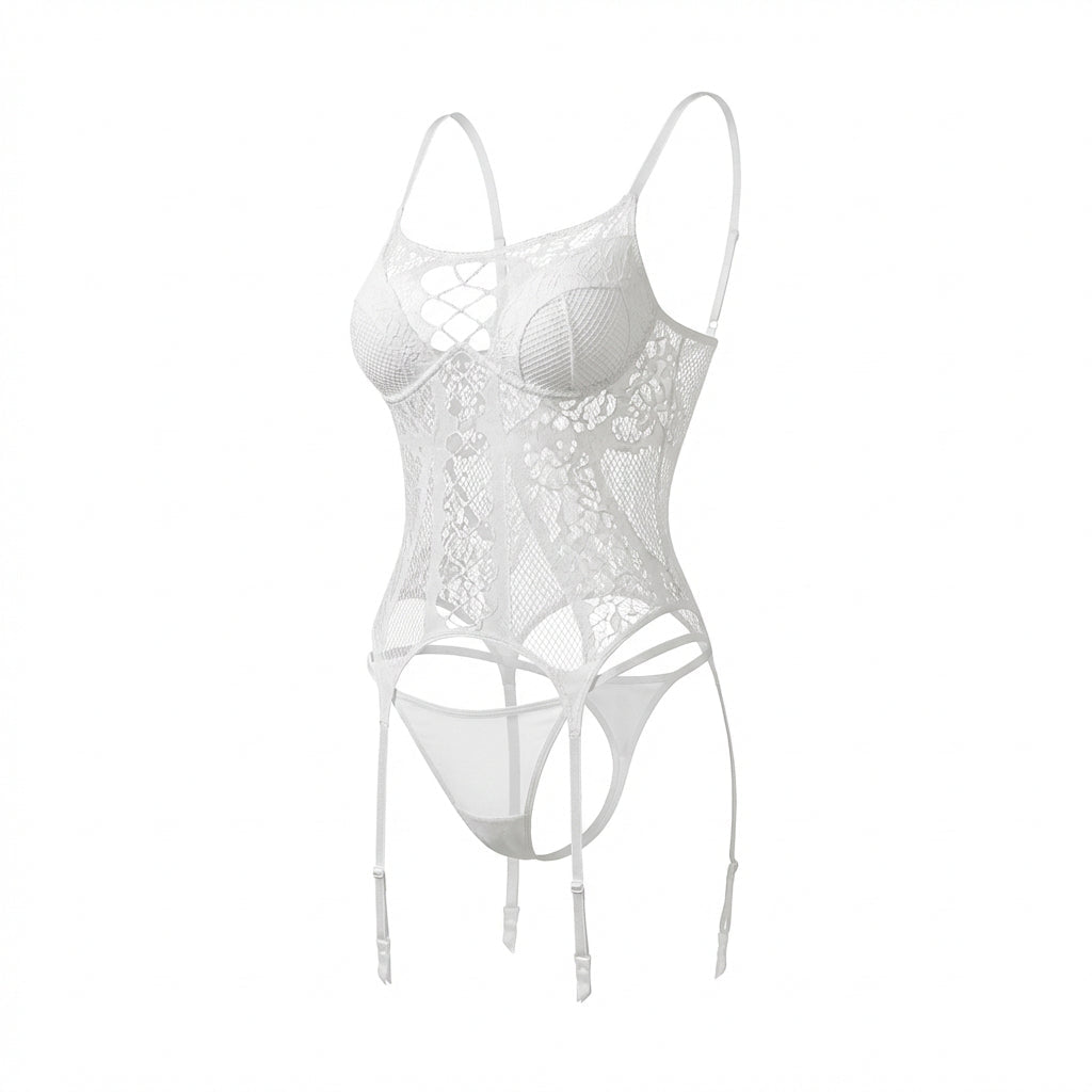 Fishnet Lace Teddy With Garter Straps And Stockings Set