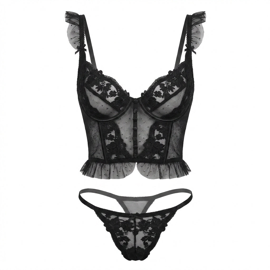 Floral Embroidered Lace Corset Lingerie Set