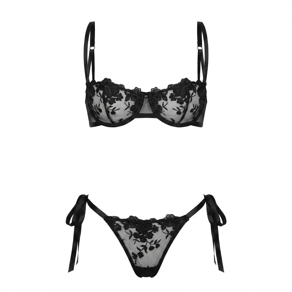 Floral Embroidered Mesh Lingerie Set
