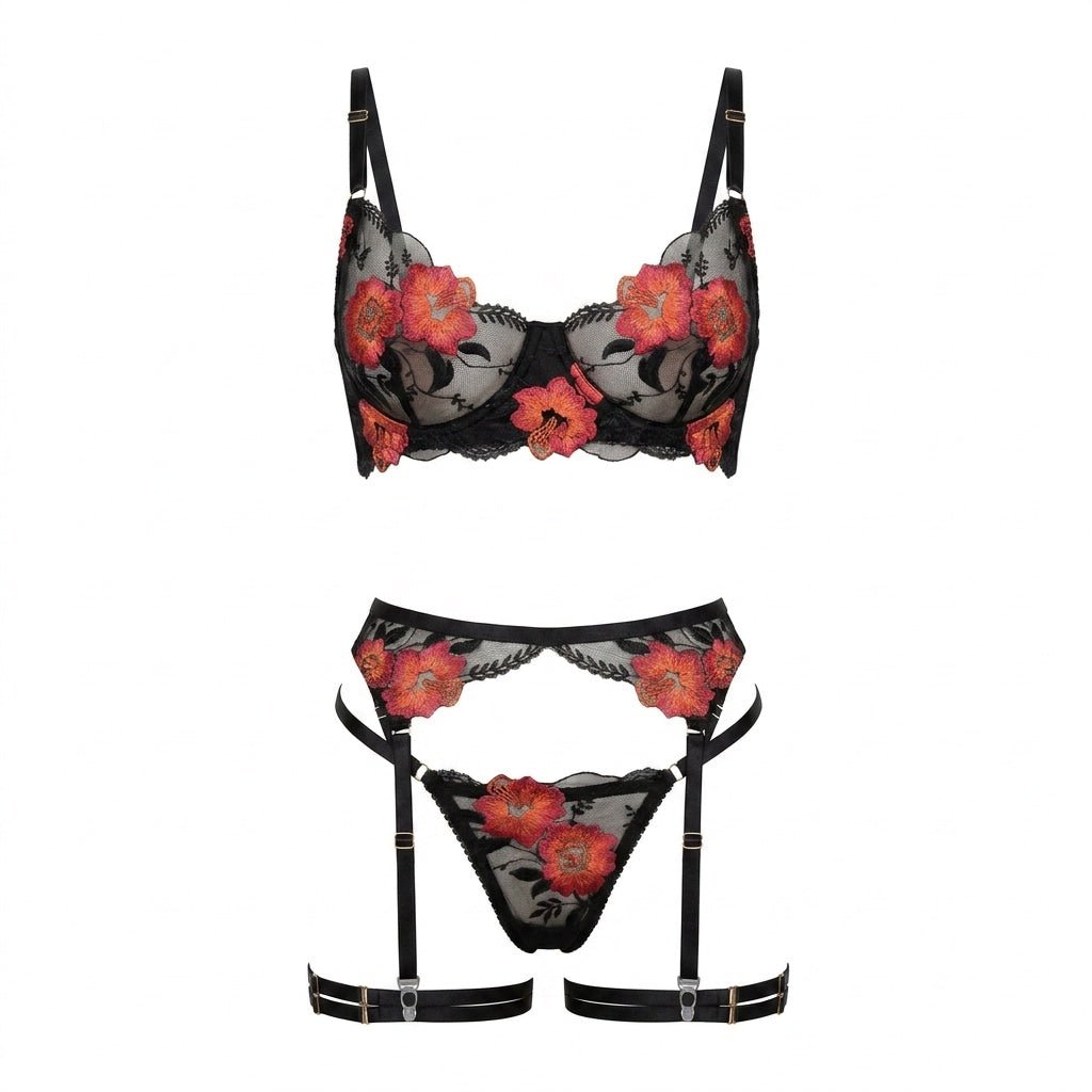 Floral Embroidered Mesh Lingerie Set