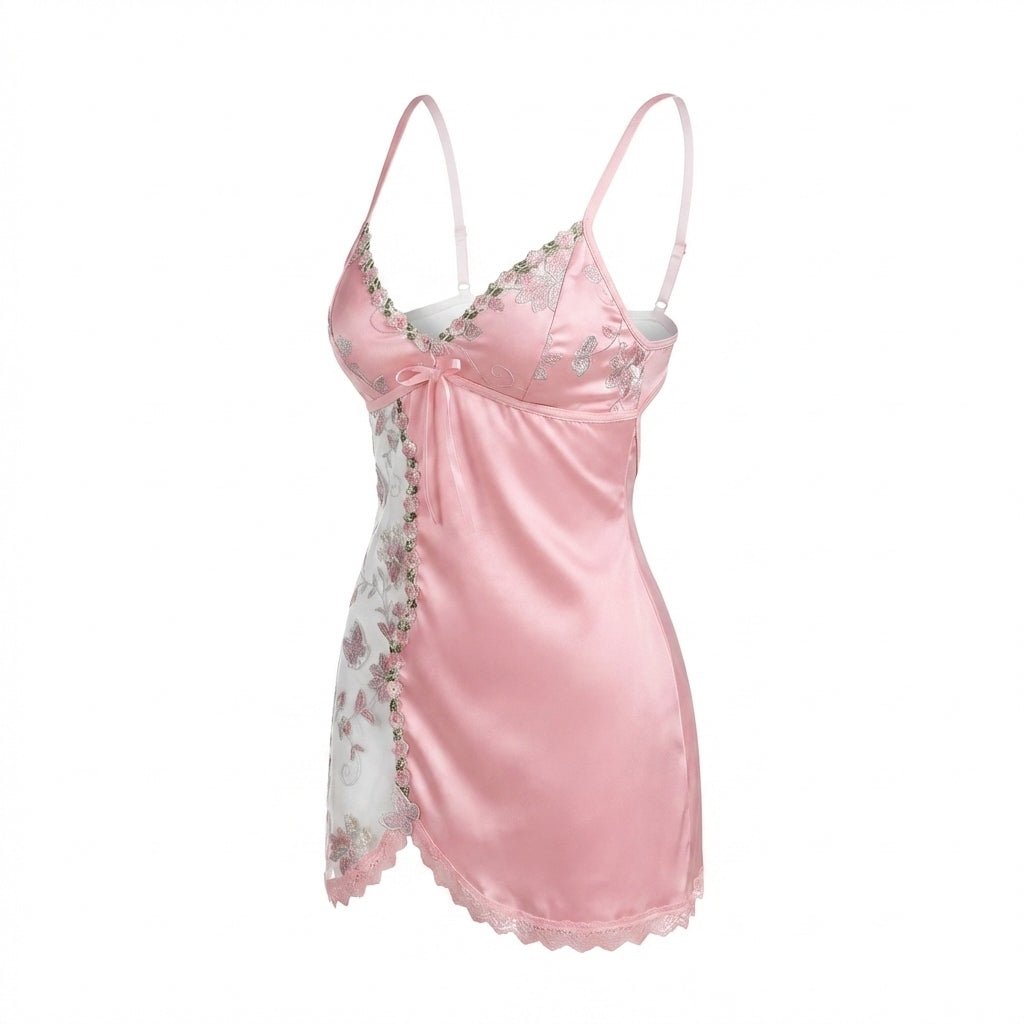 Floral Embroidered Mesh Satin Chemise