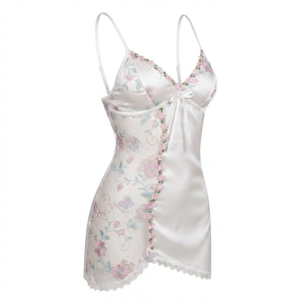 Floral Embroidered Mesh Satin Chemise
