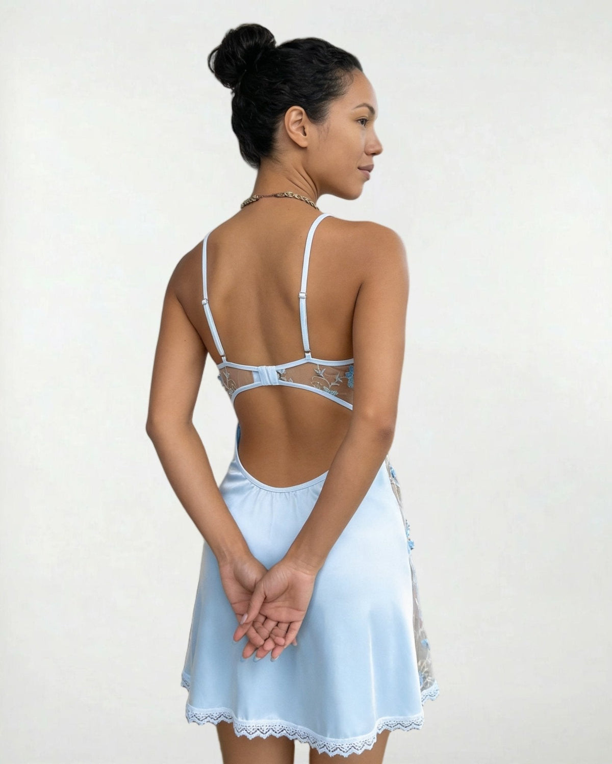 Floral Embroidered Mesh Satin Chemise