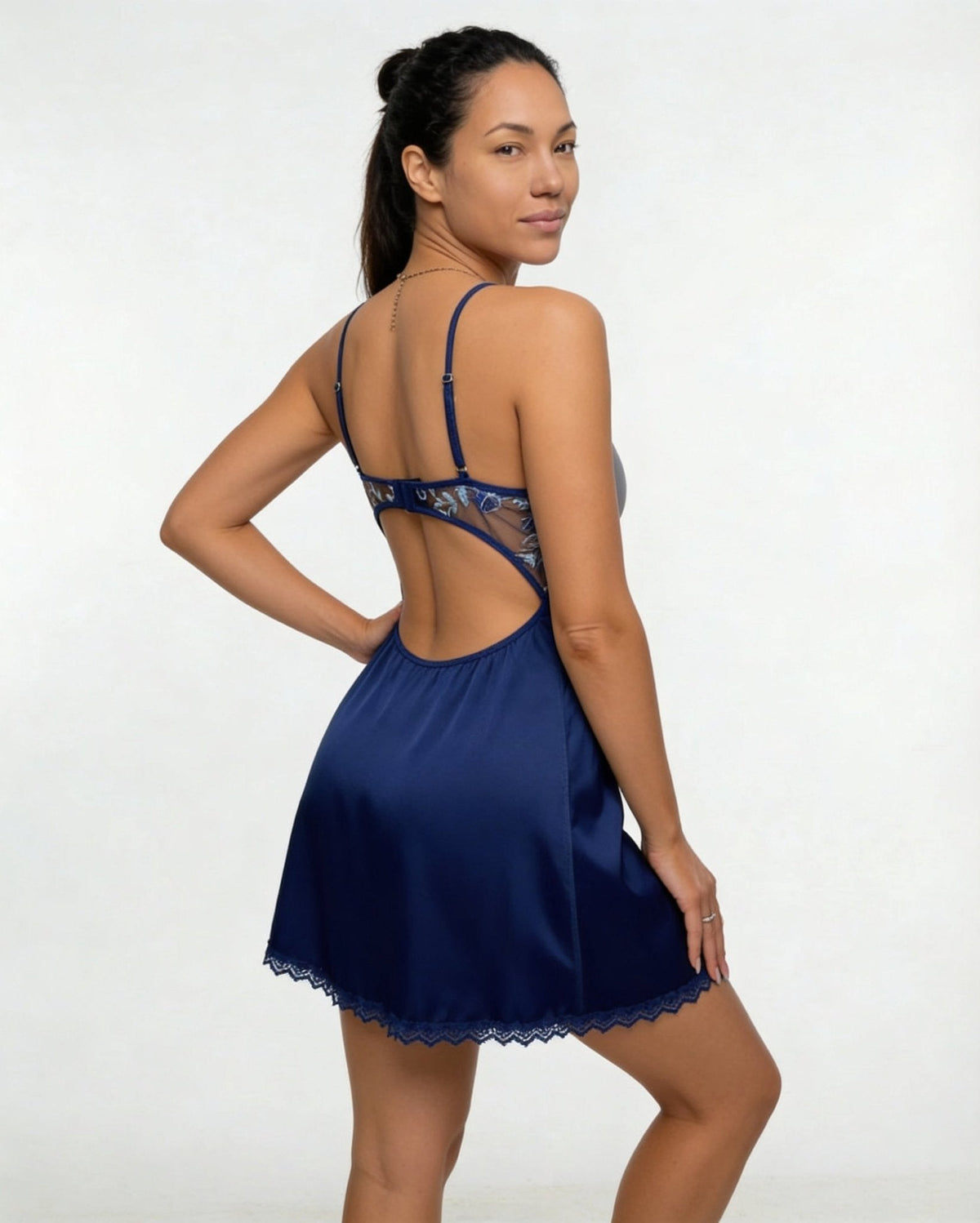 Floral Embroidered Mesh Satin Chemise