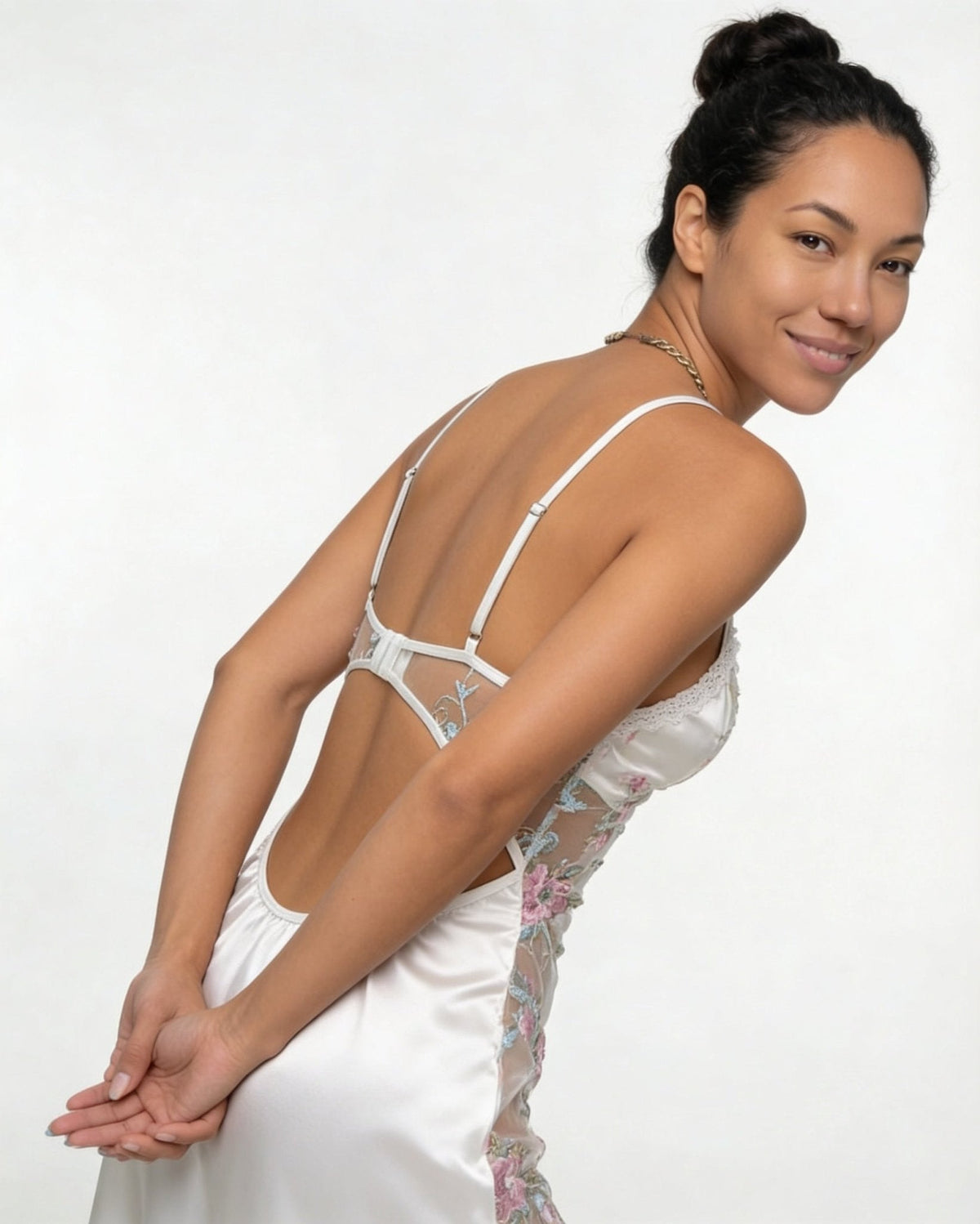 Floral Embroidered Mesh Satin Chemise
