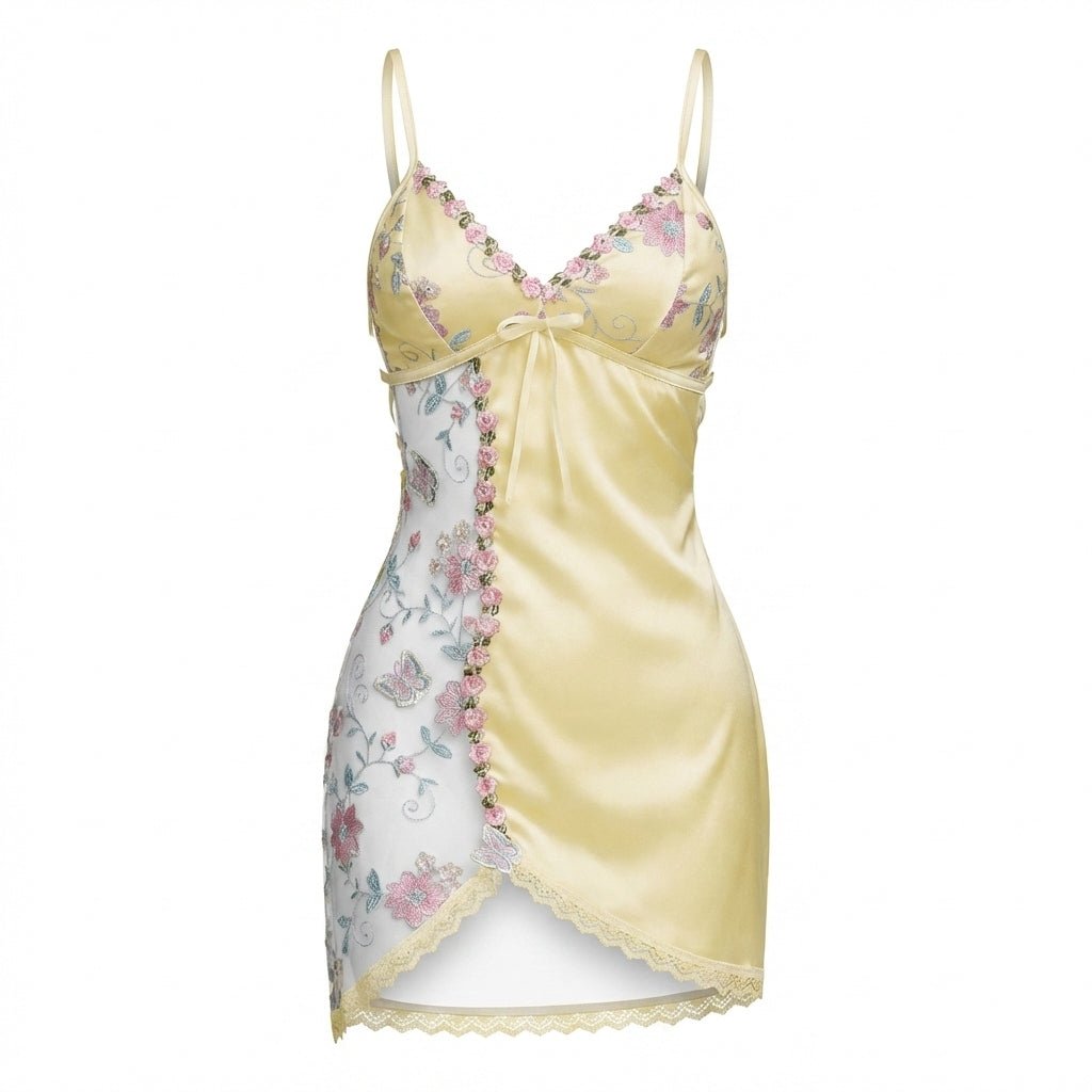 Floral Embroidered Mesh Satin Chemise