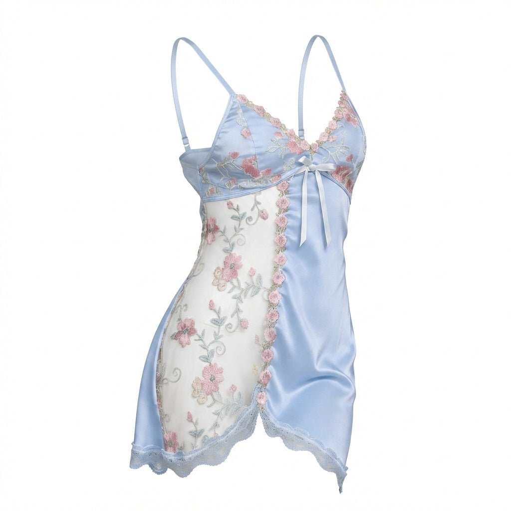 Floral Embroidered Mesh Satin Chemise