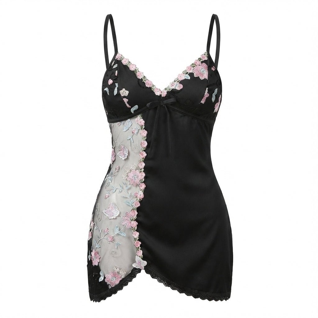 Floral Embroidered Mesh Satin Chemise