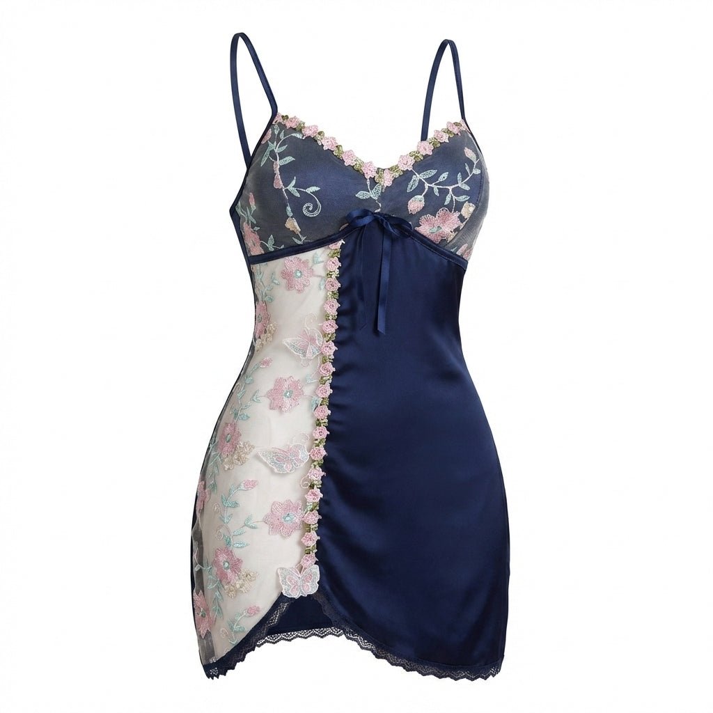 Floral Embroidered Mesh Satin Chemise
