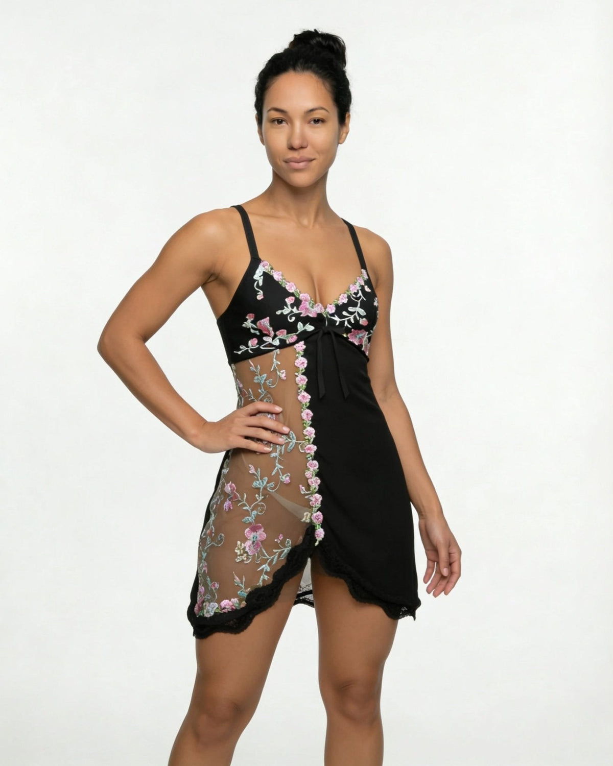 Floral Embroidered Mesh Satin Chemise