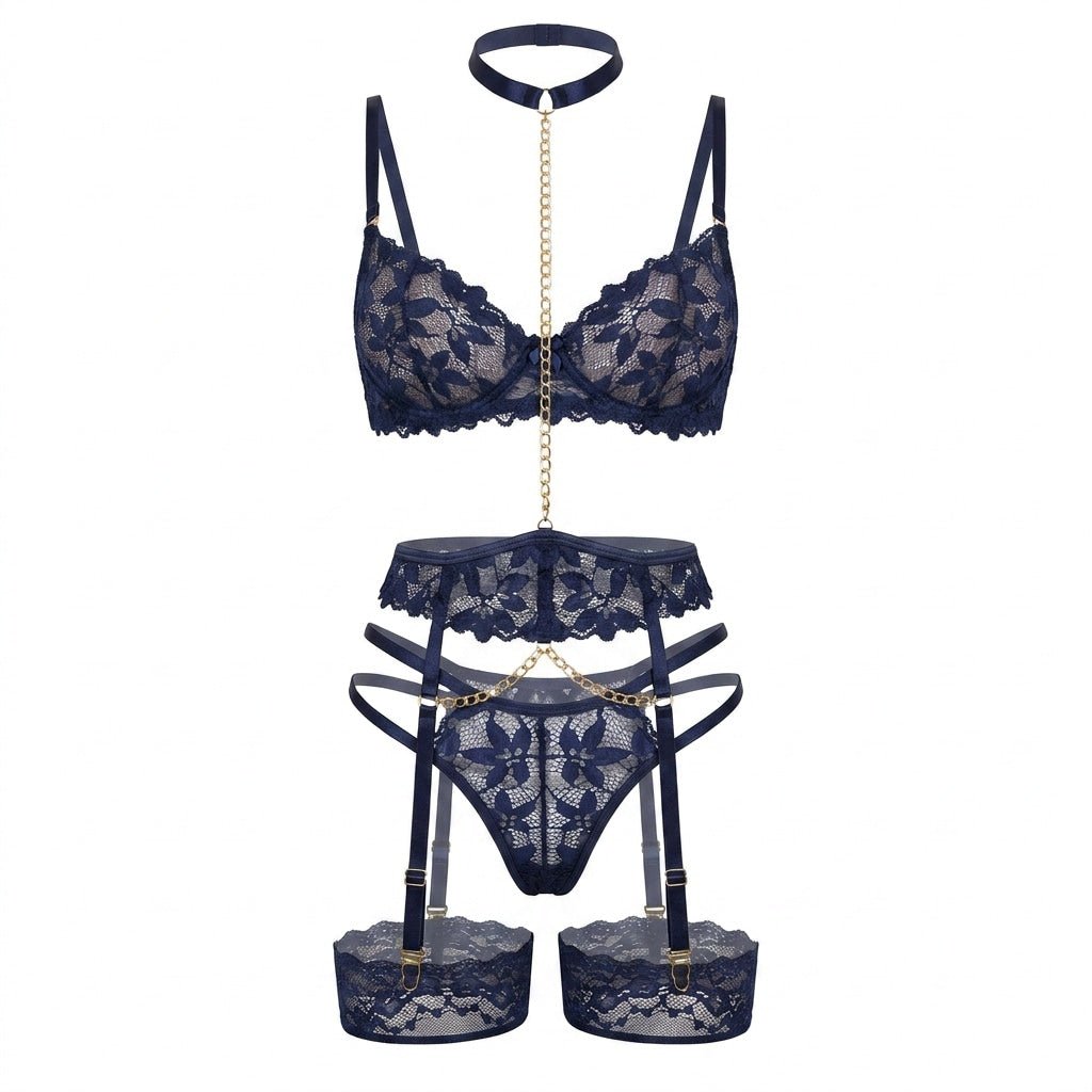 Floral Lace Bridal Lingerie Set With Chain Detail