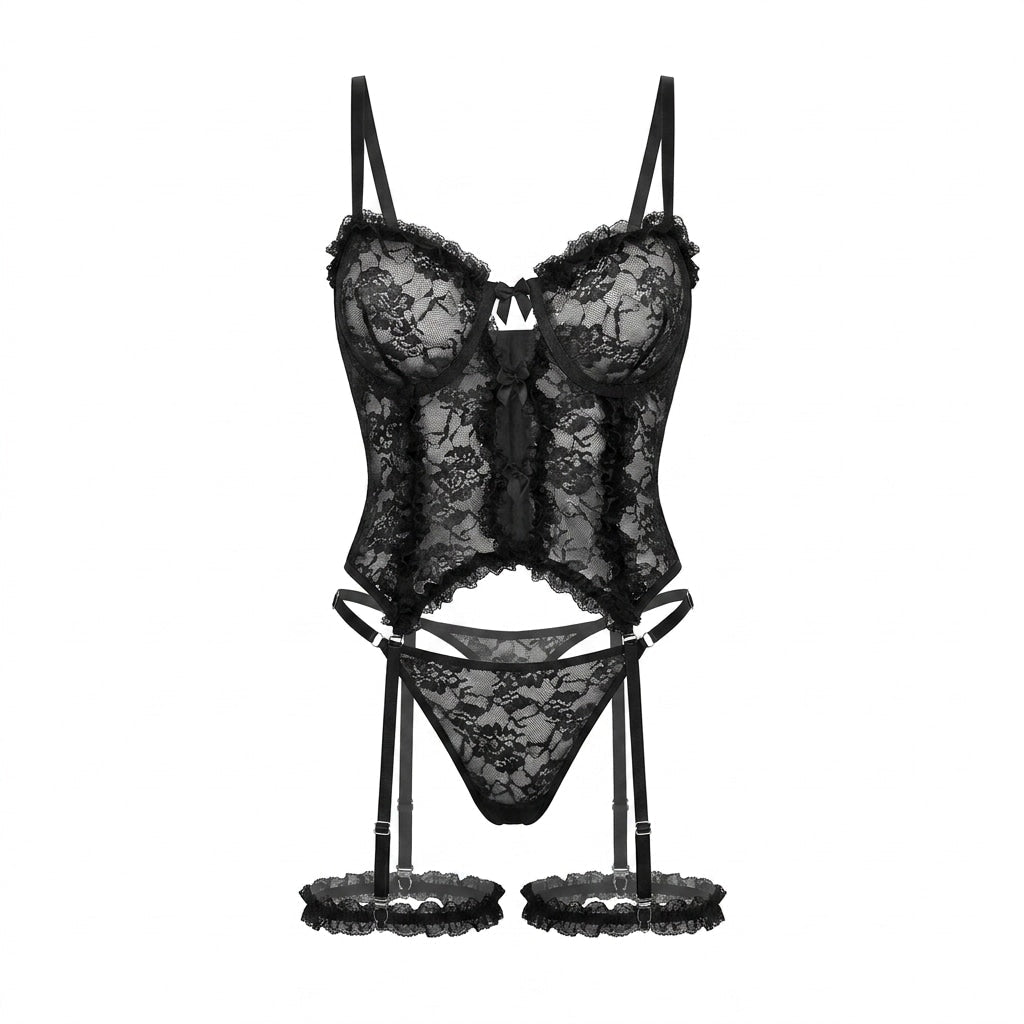 Floral Lace Bustier Corset Thong Leg Garter Set