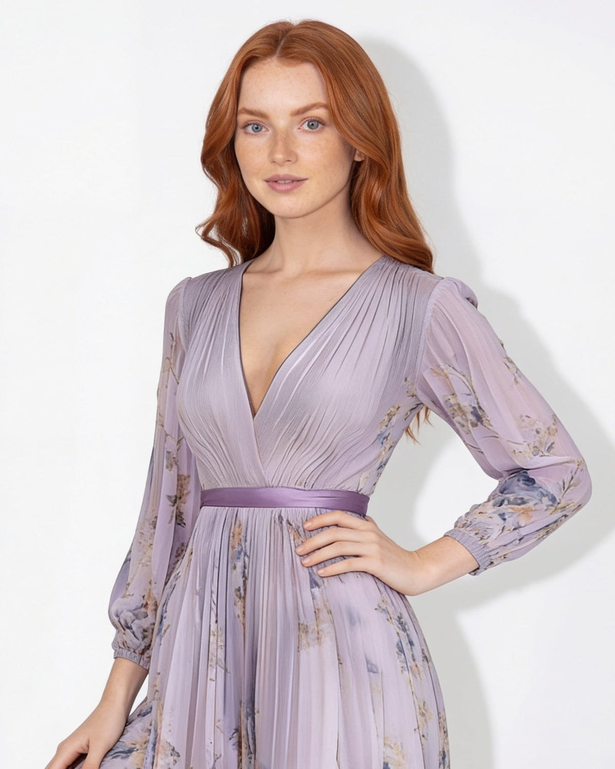 Floral Pleated Long-Sleeve Midi Dress