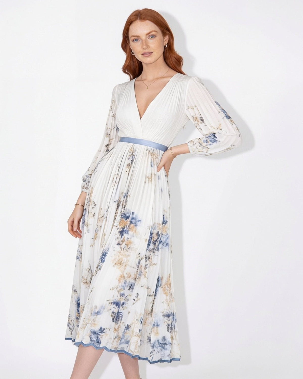 Floral Pleated Long-Sleeve Midi Dress