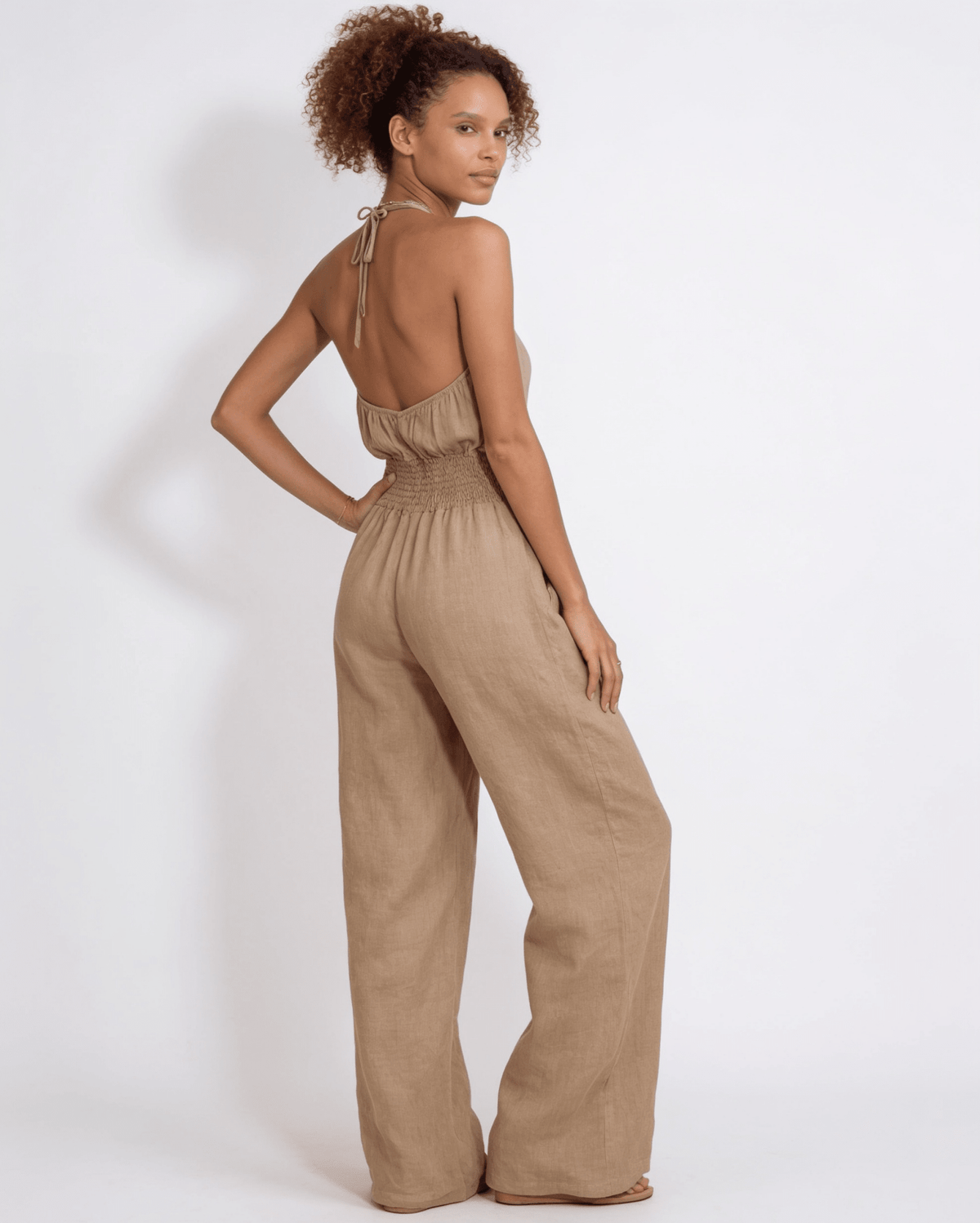 Halterneck Smocked-Waist Wide-Leg Jumpsuit