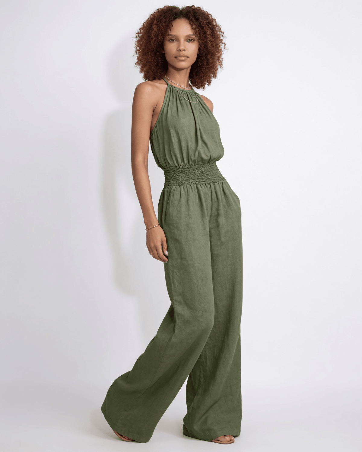 Halterneck Smocked-Waist Wide-Leg Jumpsuit