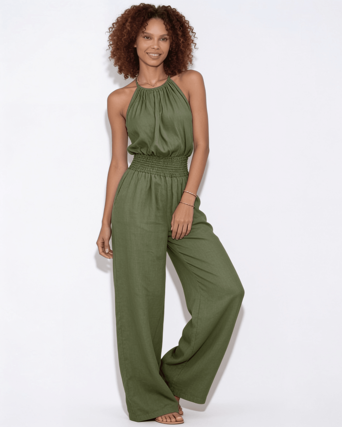 Halterneck Smocked-Waist Wide-Leg Jumpsuit