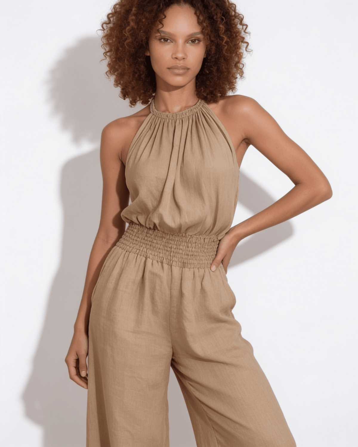 Halterneck Smocked-Waist Wide-Leg Jumpsuit