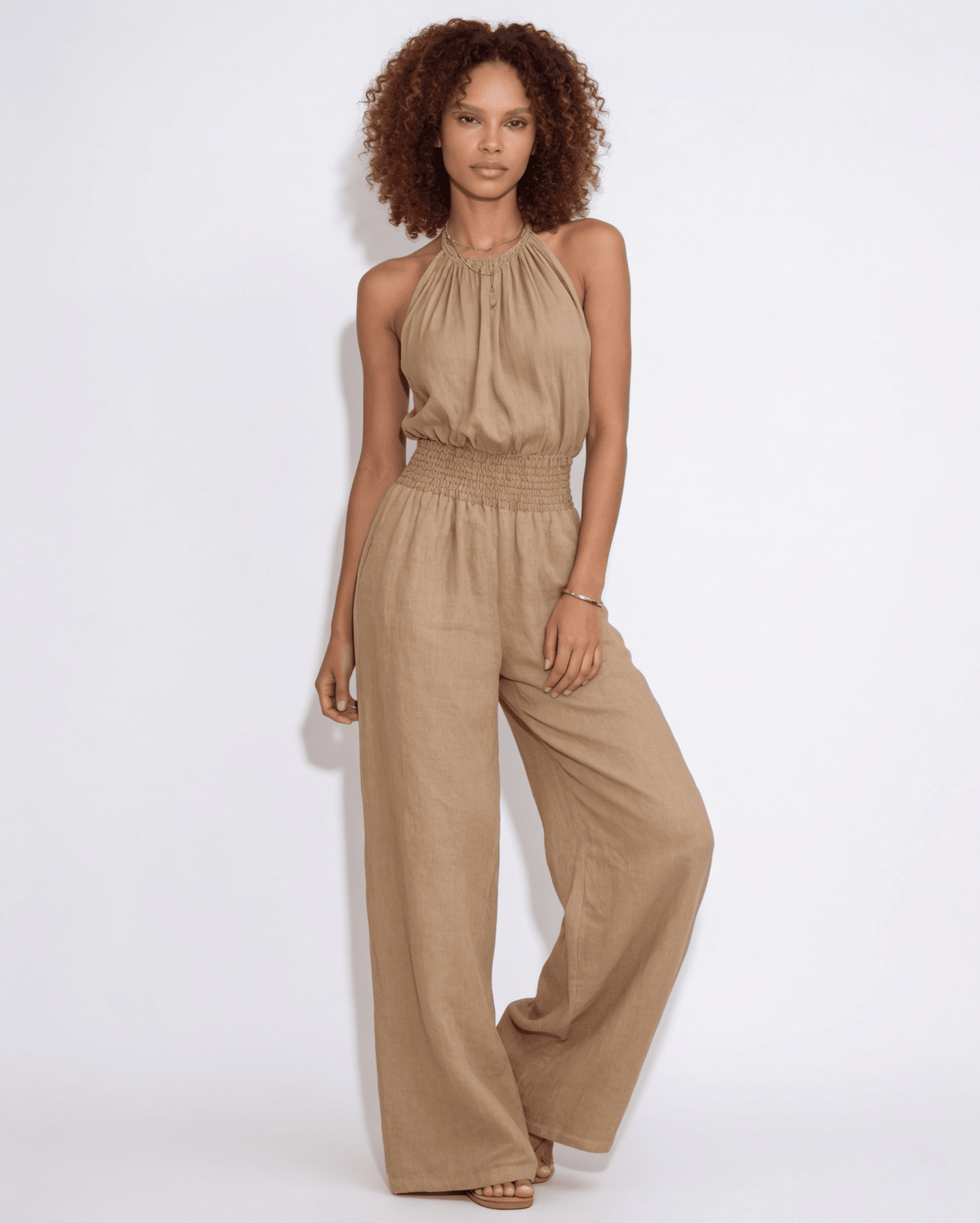 Halterneck Smocked-Waist Wide-Leg Jumpsuit