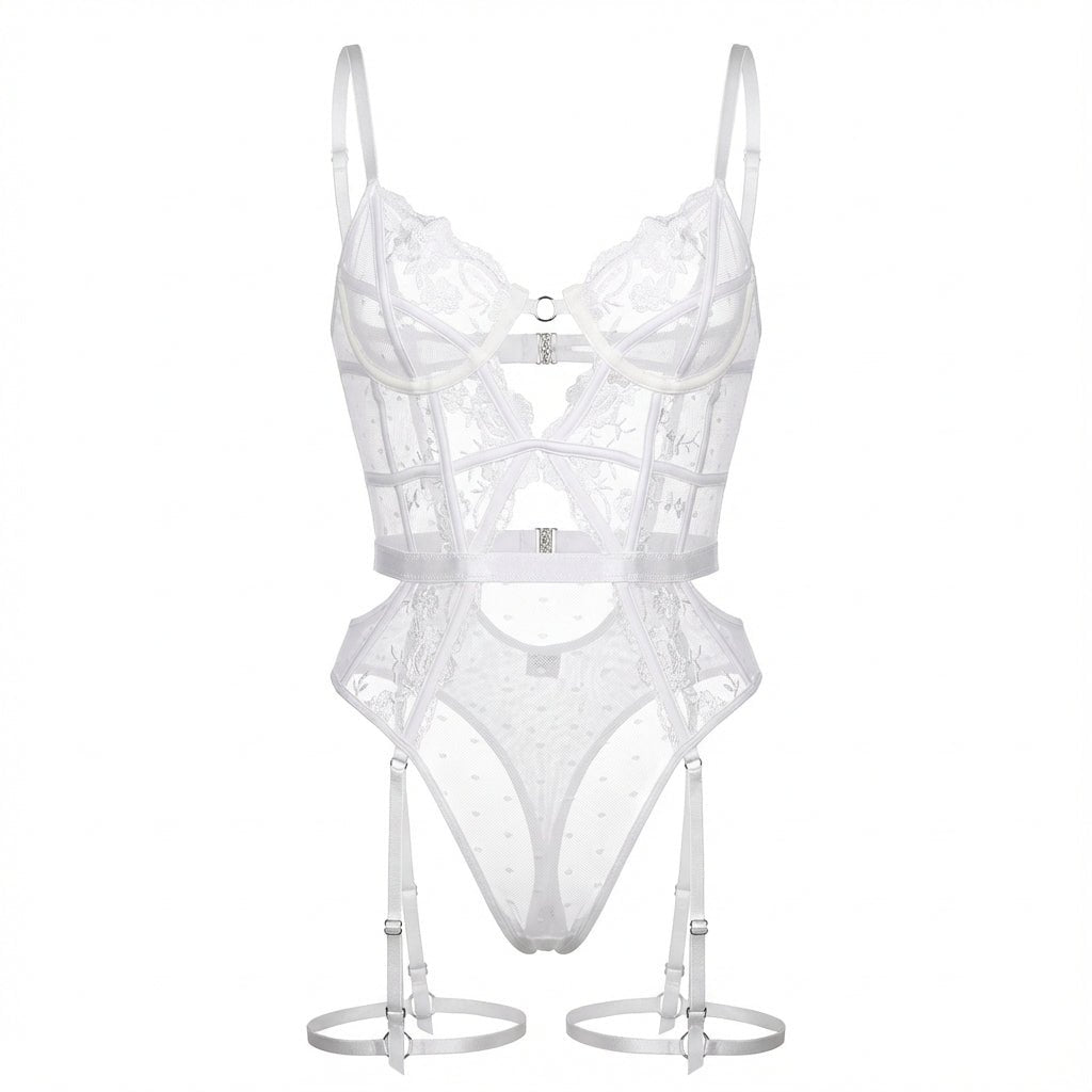 Lace And Mesh Bodysuit With Garter Straps