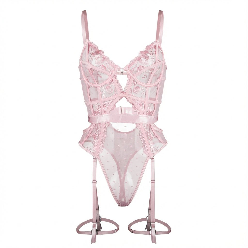 Lace And Mesh Bodysuit With Garter Straps