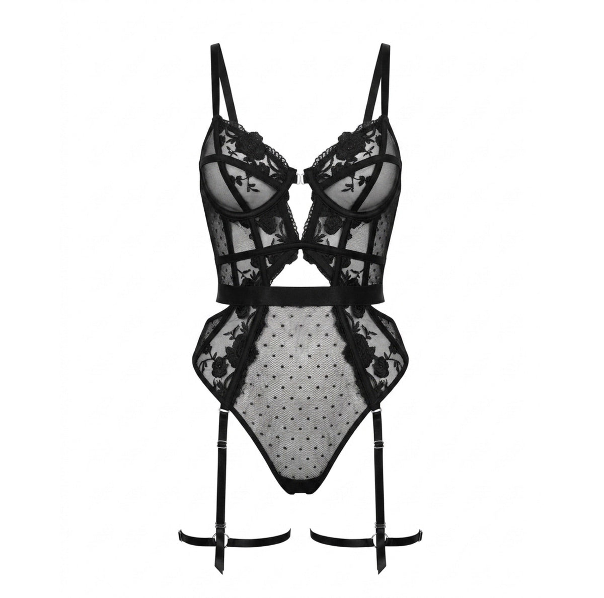 Lace And Mesh Bodysuit With Garter Straps