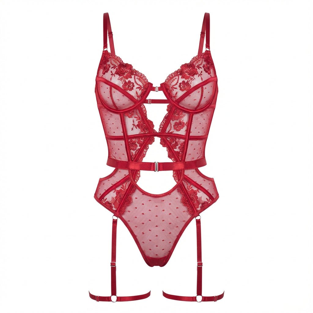 Lace And Mesh Bodysuit With Garter Straps