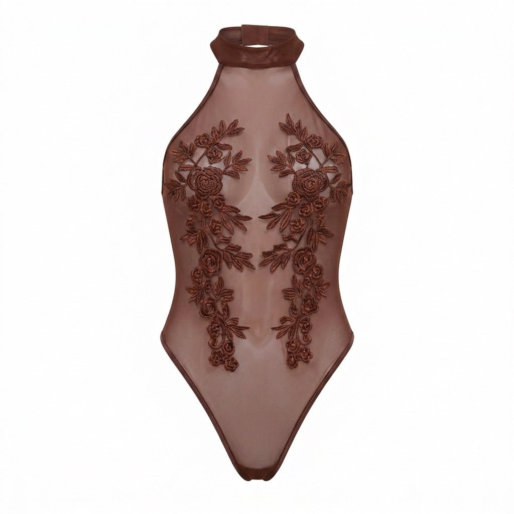 Lace Appliqué Halter Bodysuit With Back Cutout