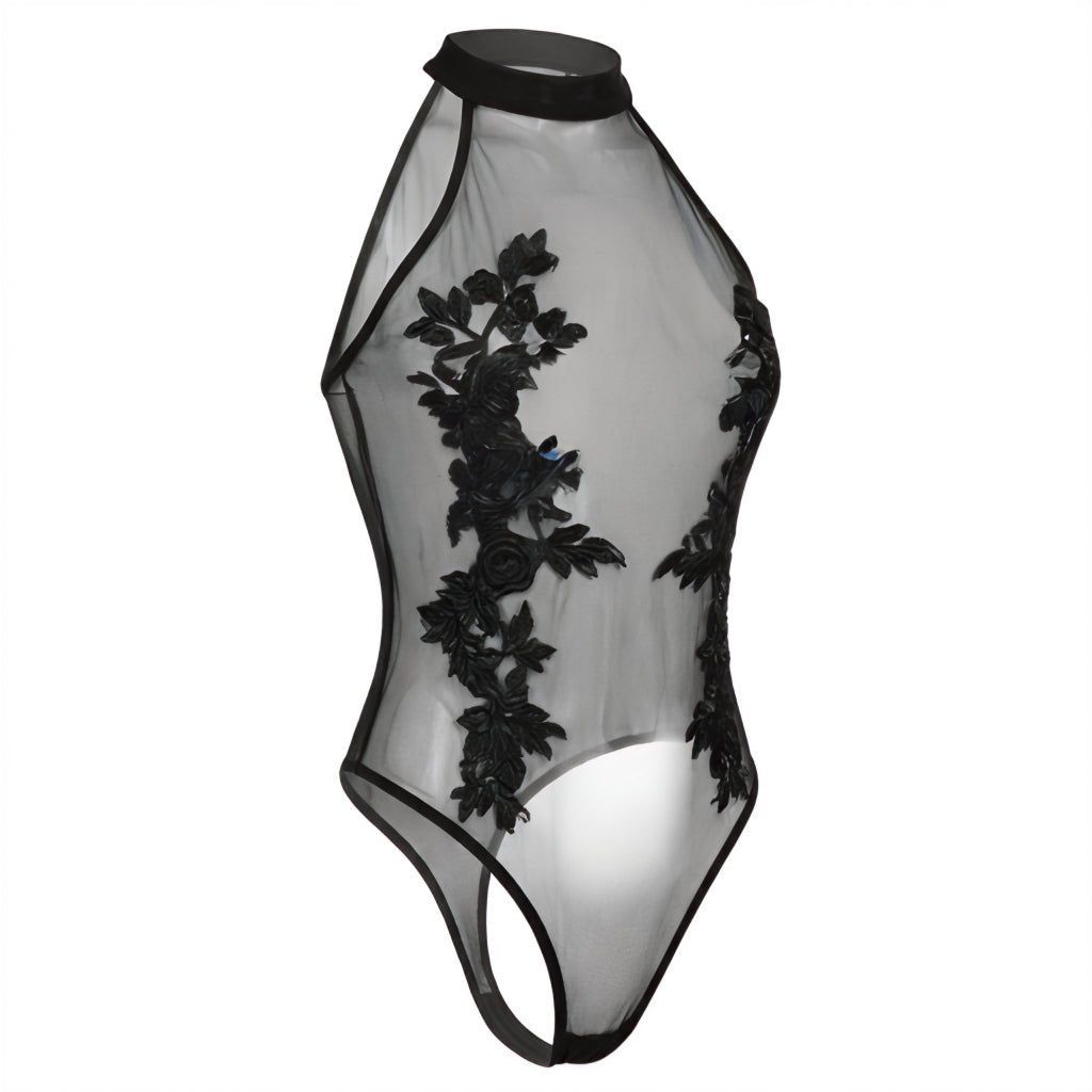 Lace Appliqué Halter Bodysuit With Back Cutout