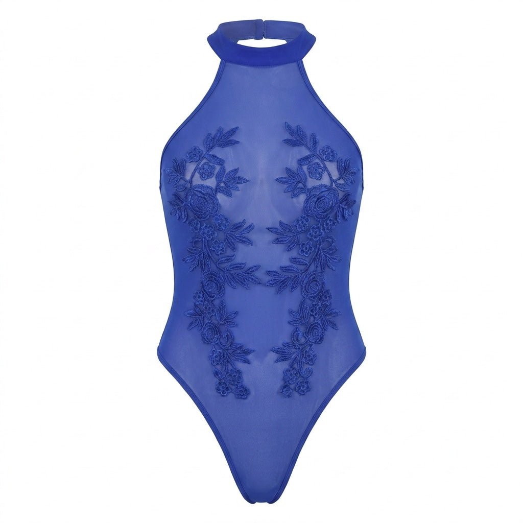 Lace Appliqué Halter Bodysuit With Back Cutout