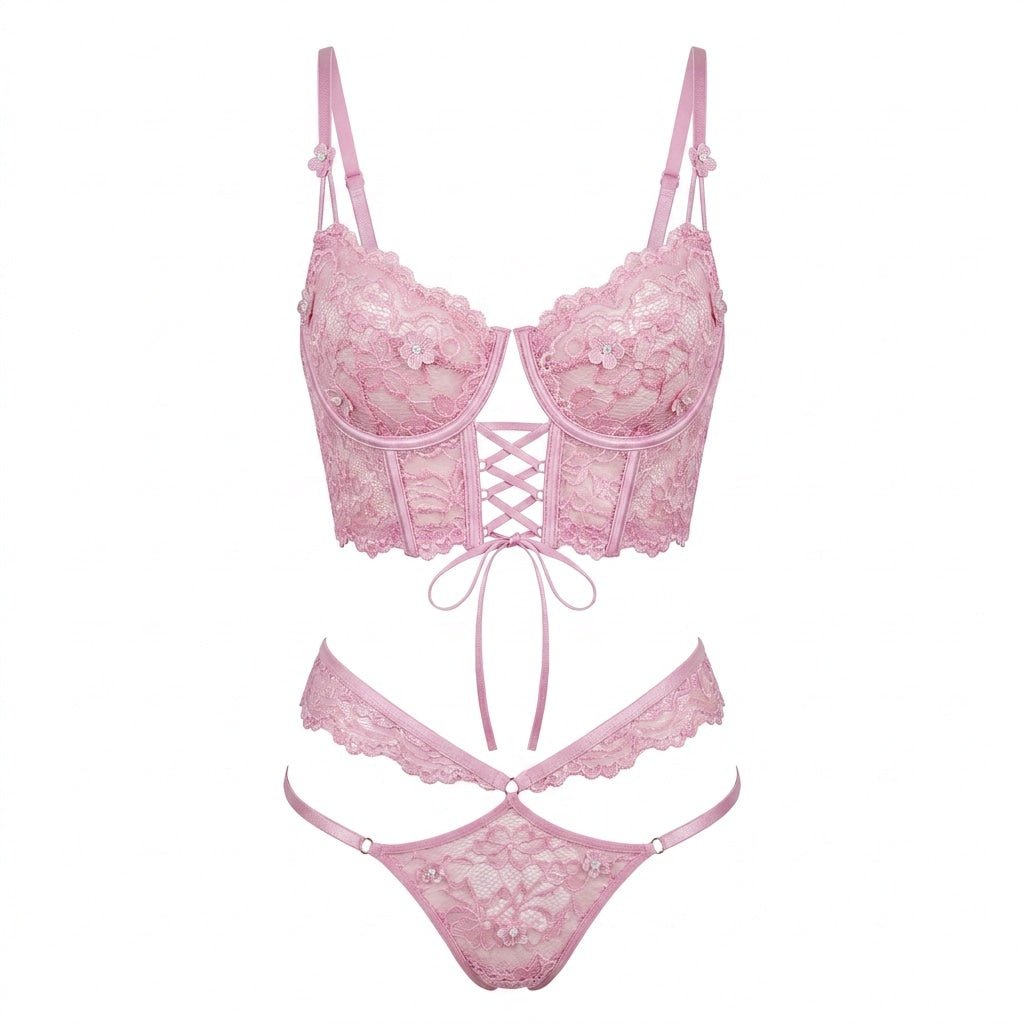 Lace Bra And Thong Set With Corset Lace-Up Detail