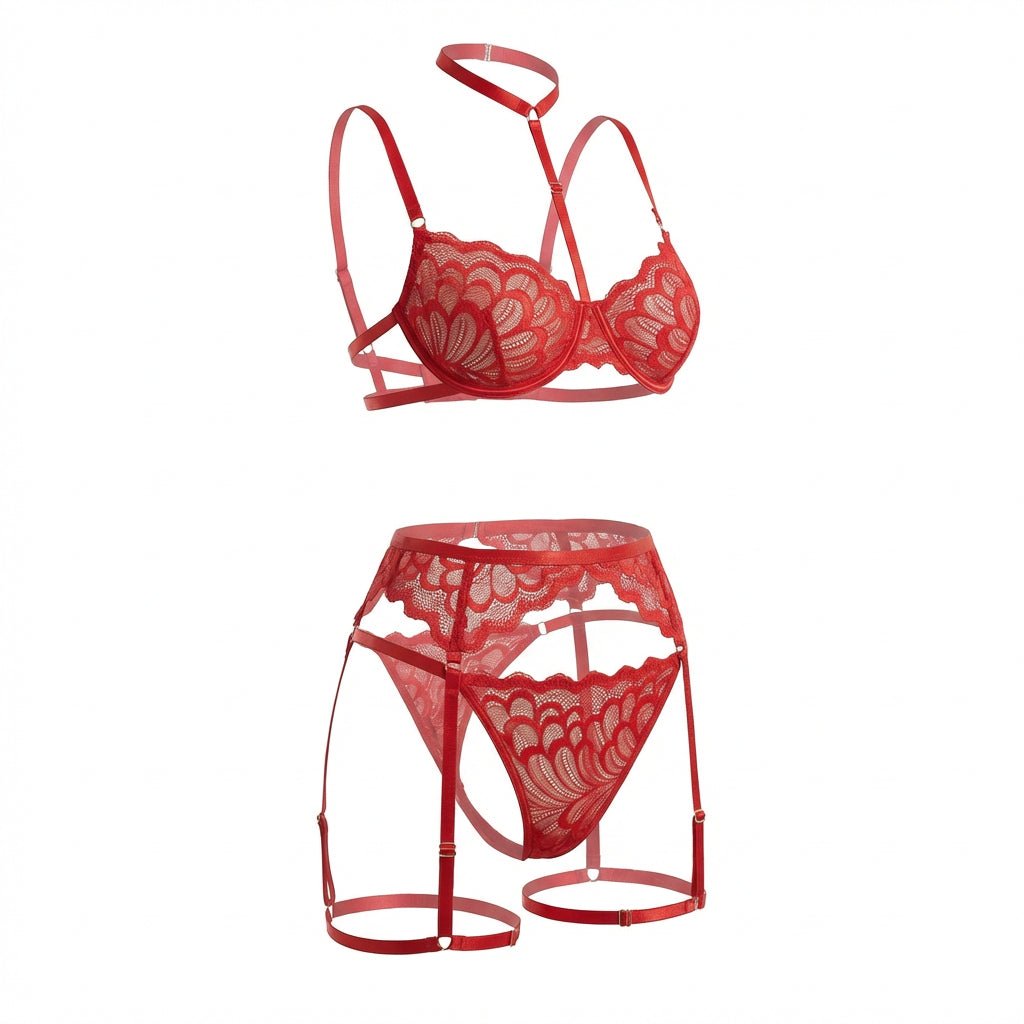 Lace Bra High Waist Suspender Brief And Thigh Garter Set