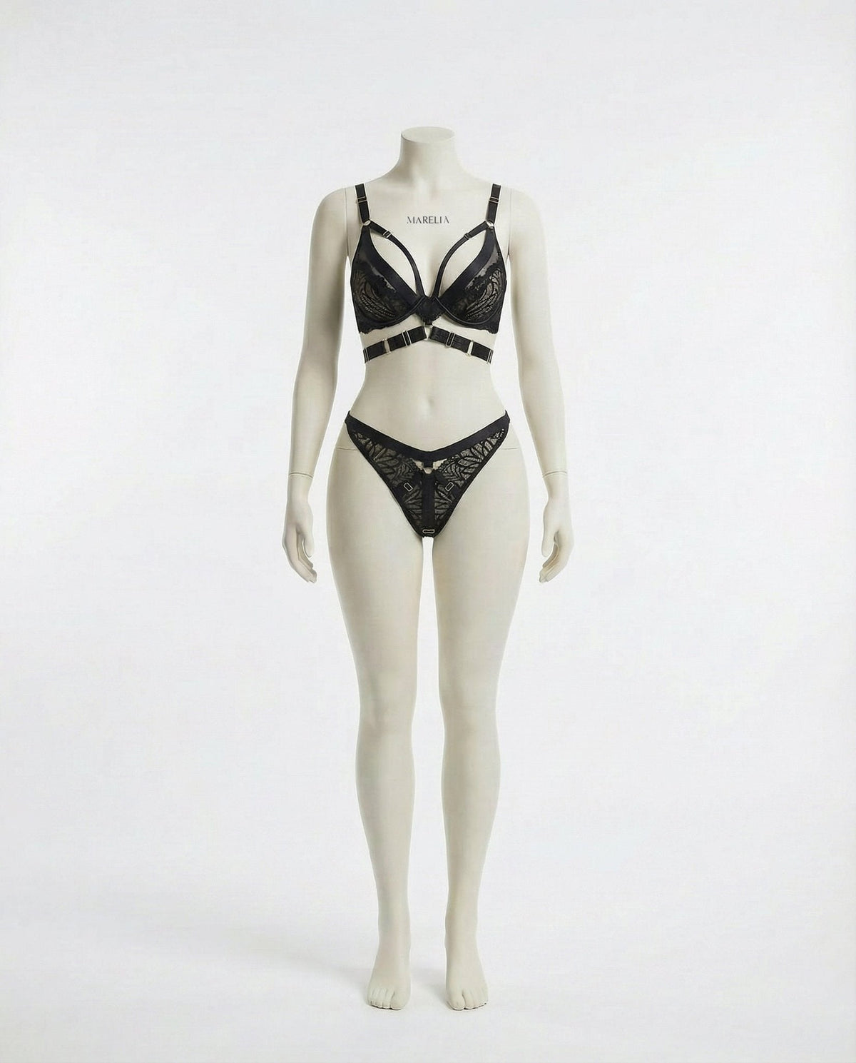 Lace Bra With Body Harness And High Waist Brief Set